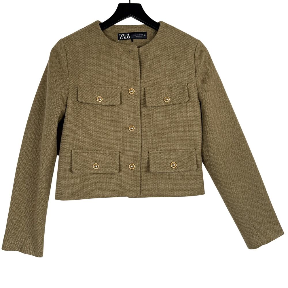 Zara Woven Utility Dressy Structured Jacke Crop Olive Green Gold Buttons - XL